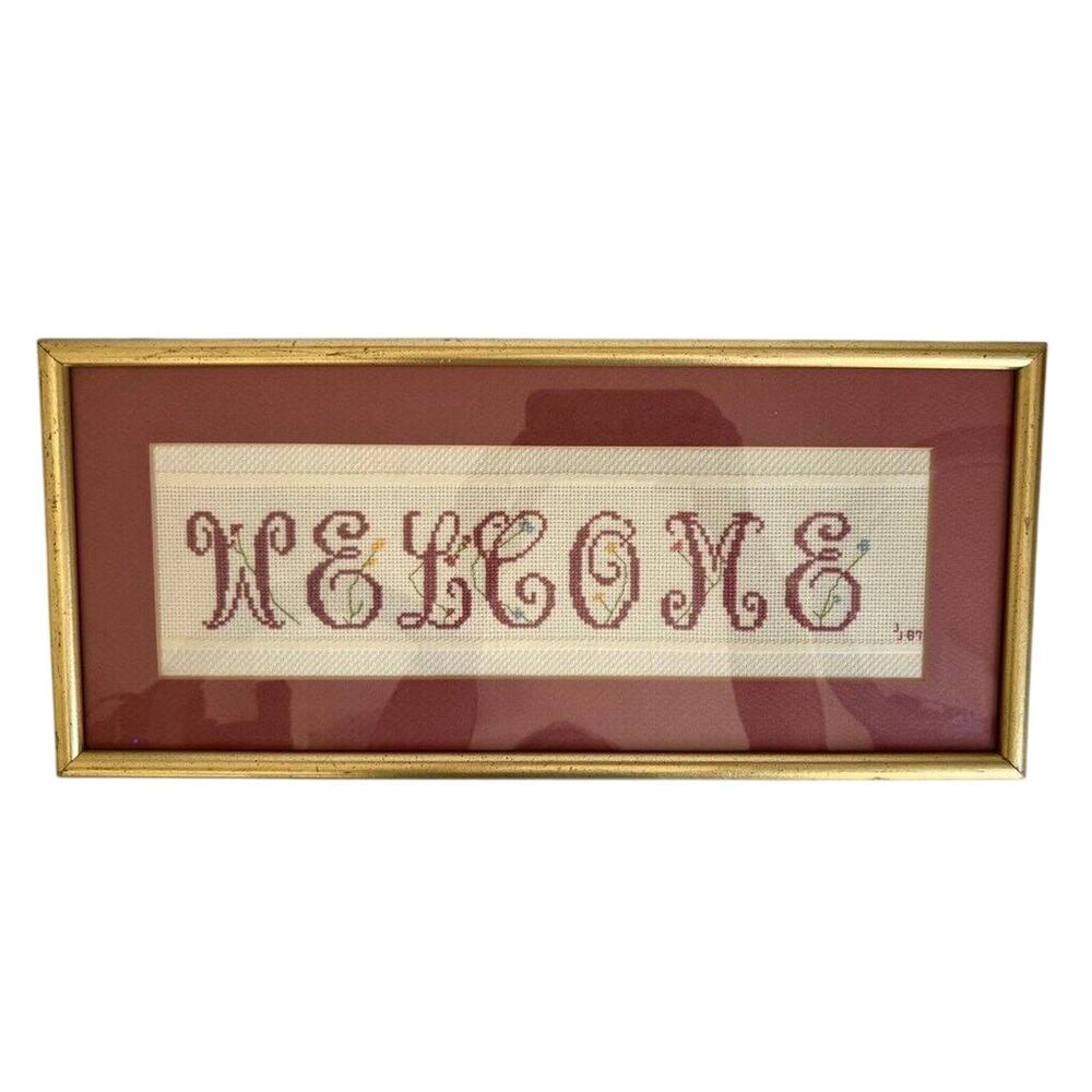 Vintage Framed Cross Stitch Matted WELCOME Picture Sign Cozy Cottage Core